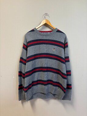 Tommy Hilfiger Gray Striped Crewneck Sweater Red Navy XL Early 2000s